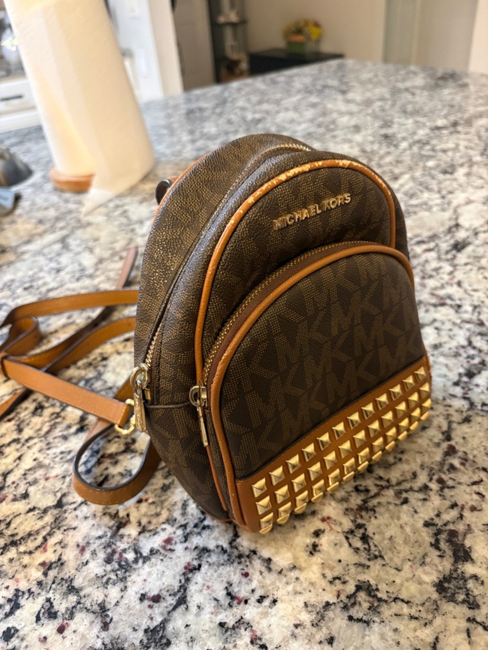 Michael Kors Brown Logo Mini Backpack with Gold Stud Detailing